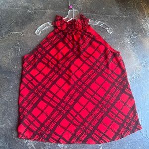 Cute sleeveless sheer top with mock neck. Red with black print. Cato Size large